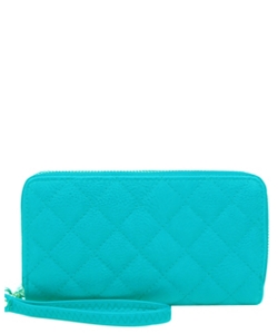Quilted Double Zip Around Wallet Wristlet QW0012 TURQUOISE